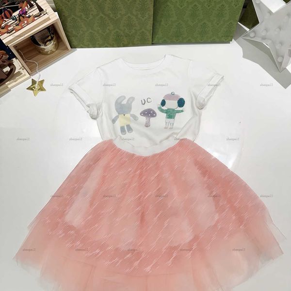 Luxury girls dress summer Embroidery logo baby overskirt kids designer clothes Cutout grid round neck T-shirt and lace skirt