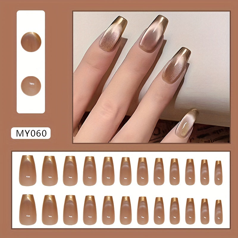 TEMU 24pcs Press-on Nails - Medium Length Glossy Brown French Manicure Nail Tips, Removable Elegant Fake Nails For Women, Easy Application & Durable