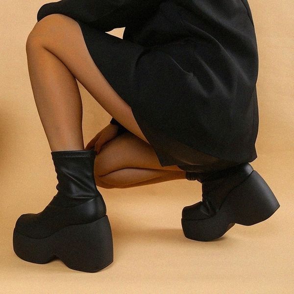 Solid White Black Fashion oversized Thick Bottom Slope Heel Womens Short Boots Waterproof high Platform Elastic Matsutake Single BootenoZgq#