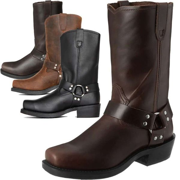 Retro Cowboy Mid Calf Men Western Pu Leather Man Slip On Shoes Winter Knight Booties Plus Tamanho 39-48
