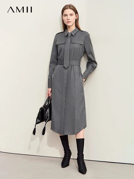 Amii Minimalism Shirt Dress For Women Autumn Military Style With Belt Tie Retro Fashion Long Womens Dresses 12443073 241218