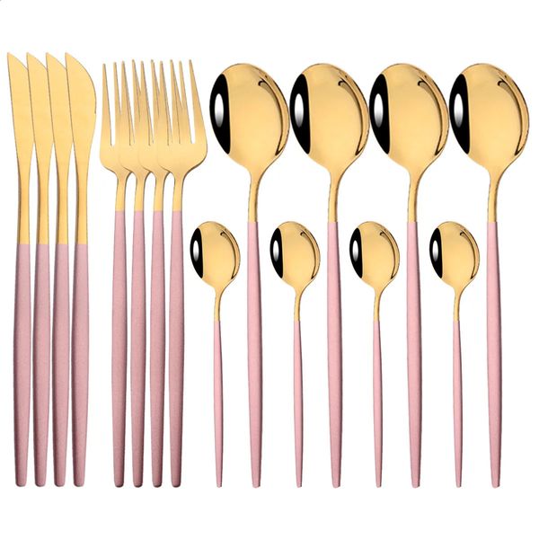 16 pieces of pink and gold tableware set mirror stainless steel kitchen knives forks spoons restaurant wedding 240826