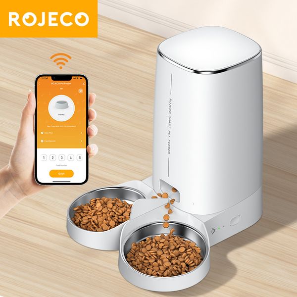 ROJECO Automatic Pet Smart Cat Food Kibble Dispenser Remote Control Auto Wifi Double Feeder For Cats Dog Accessories
