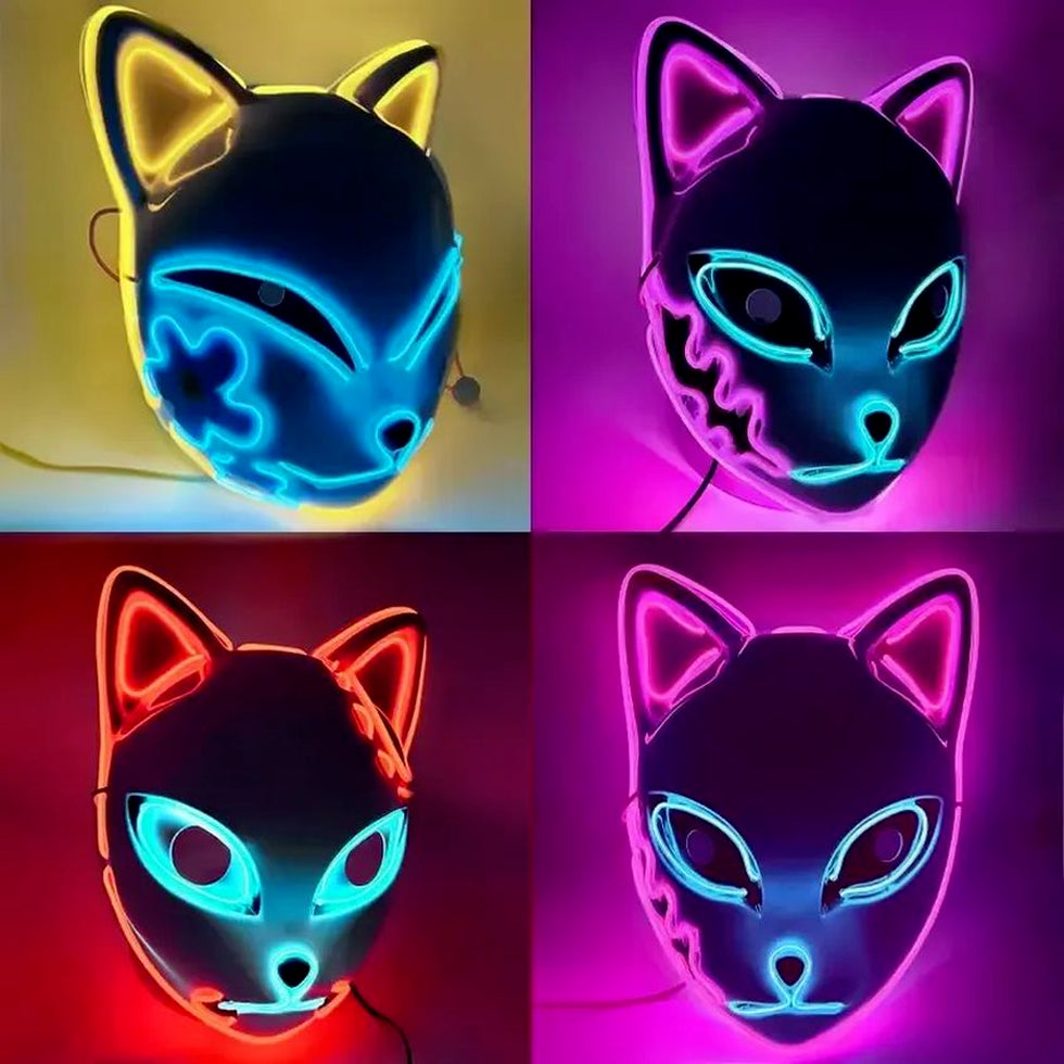 LED Glowing Cat Face Mask Party Decoration Cool Cosplay Neon Demon Slayer Fox Masks For Birthday Gift Carnival Party Masquerade