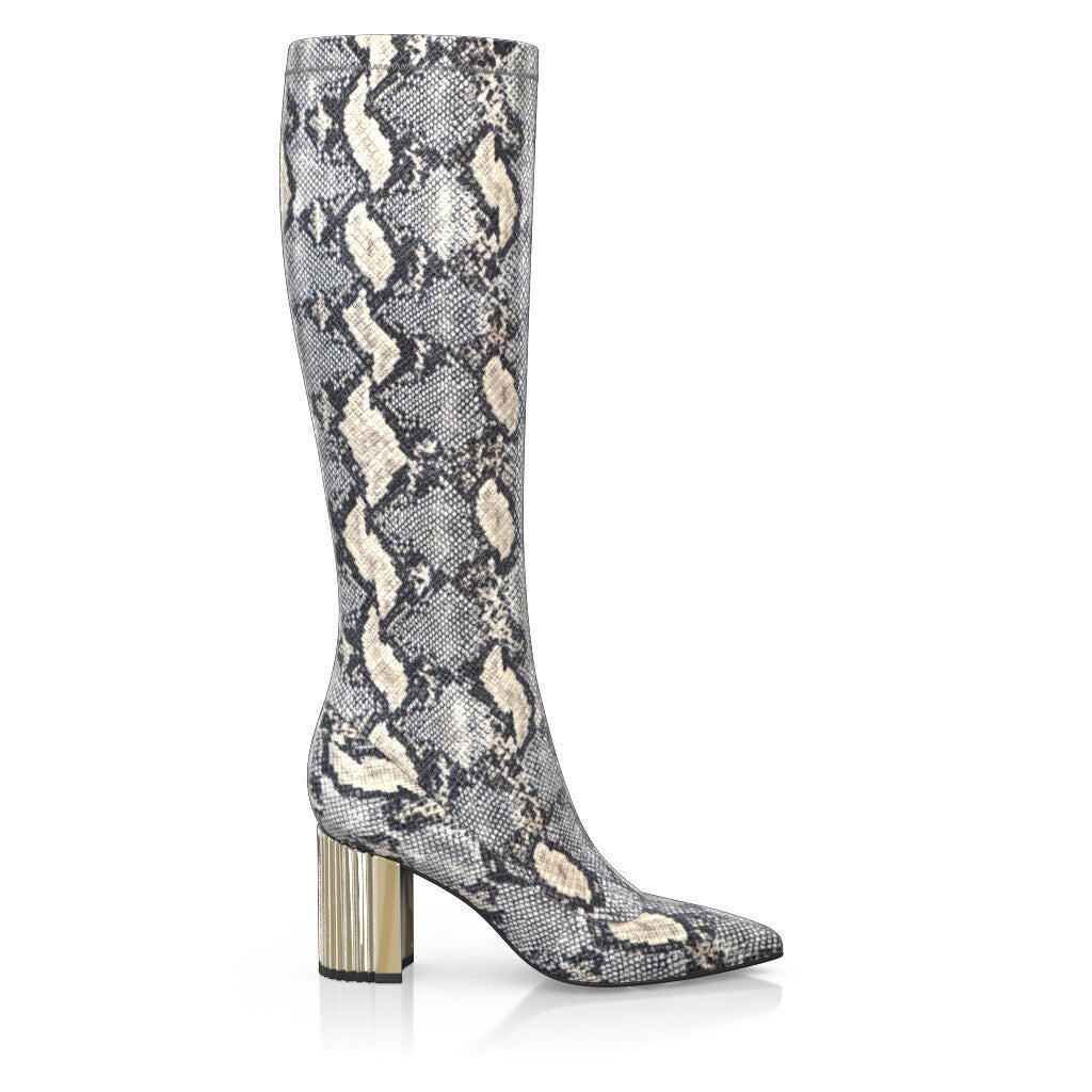 Pointed Toe Sock Boots Metallic Block Heels Femme Faites main en Italie en Stretch Serpent stretch beige Imprimé animal - Sur Mesure - GIROTTI 26071