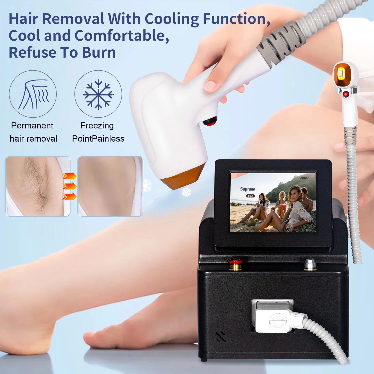 Diode Laser 755 808 1064NM Wavelength Hair Removal Machine Cooling Head Painless Laser Epilator Facial Body Hair Removal