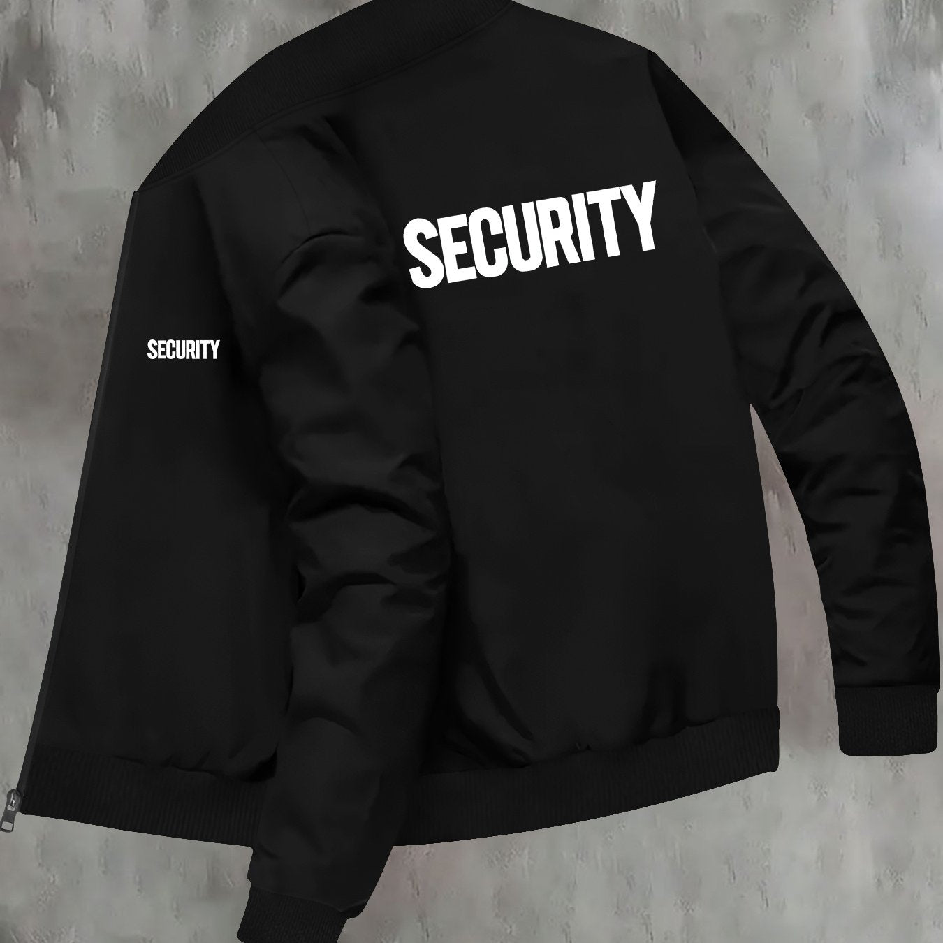 TEMU Men's Stylish Black "security" Print - Casual Stand Collar, Zipper Closure, Pockets, Polyester Blend, Fall-winter Outerwear For Young Adults,