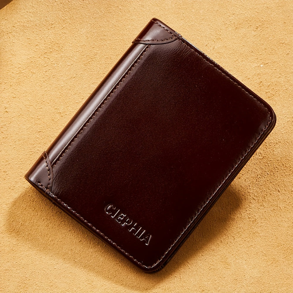 TEMU Men's Genuine Leather Rfid Blocking Wallet - Slim Trifold Design With Golden-tone Hardware, Cowhide Money Clip & Card Holder, Multi-compartment