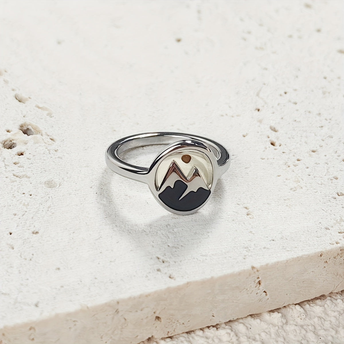 TEMU Stainless Steel Women's Ring With Black Enamel Mountain & Accents - Faith-inspired Symbol Jewelry For Casual Attire, Easter Gift (size Us 7),