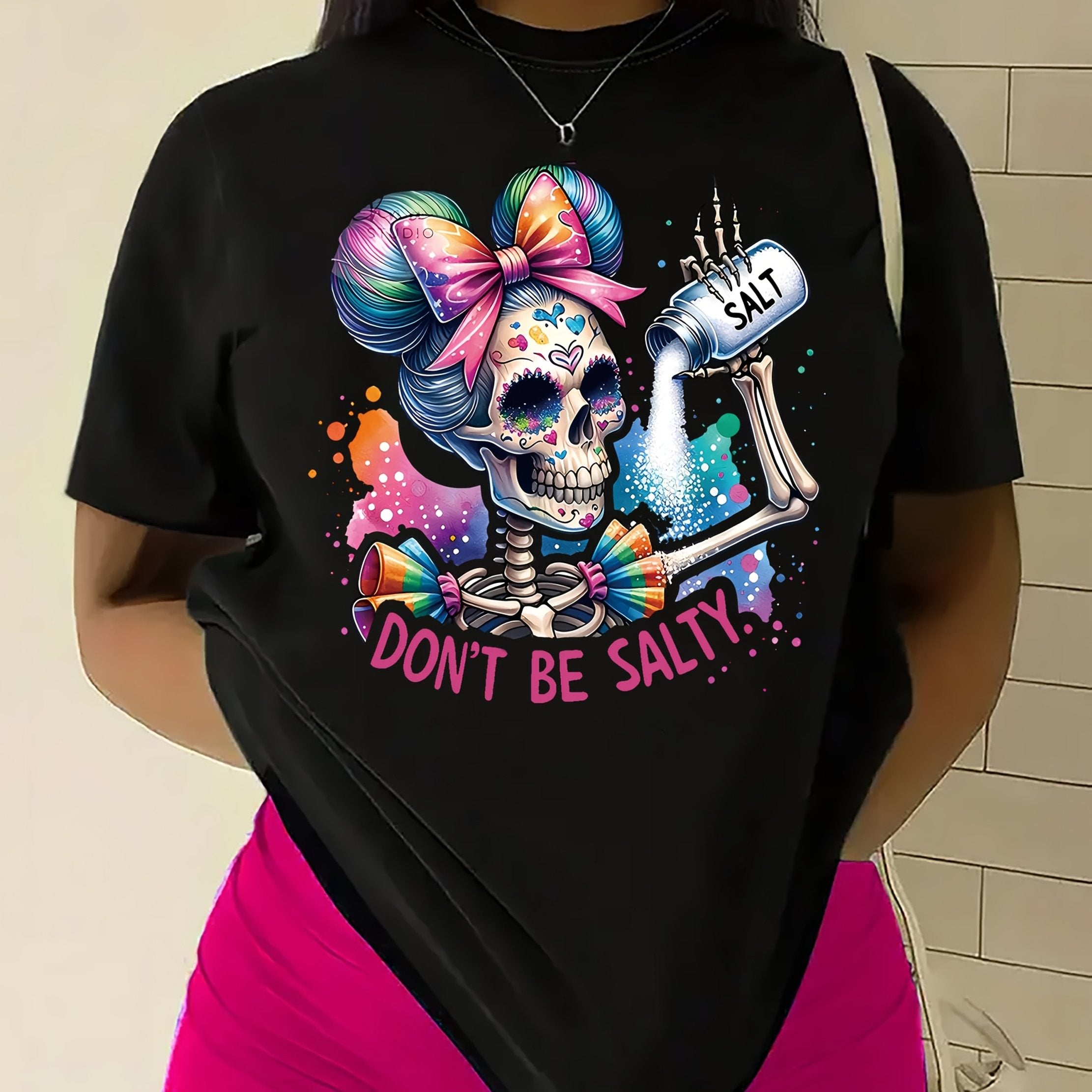 TEMU Women's Casual Crew Neck T-shirt, Polyester Fabric, Regular Length, With Colorful Sugar Skull Graphic And "don't Be " Slogan, For Wear