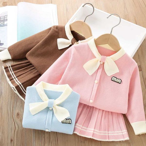 Clothing Sets Girls Woolen Jersey Clothes Sets Spring Autumn 2024 Children Knitted Sweaters Coats Skirts 2pcs Dress Suit For Baby Outfits Ki