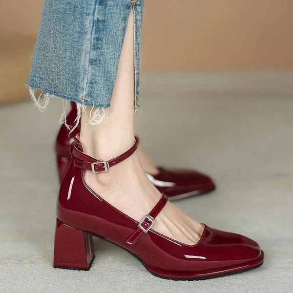 Women Mary Janes Shoes Woman Pumps Patent Leather High Heels Dress Shoes Square Toe Shallow Buckle Strap Womens Shoes sandalias 240708