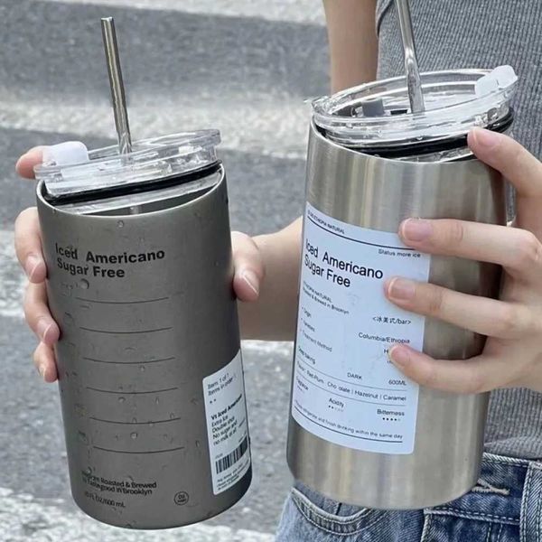 600ML Stainless Steel Ice American Coffee Mug Water Bottle Double-layer Cooler Straw Cup With Lid Kitchen Coffee Cup Thermos Y240813