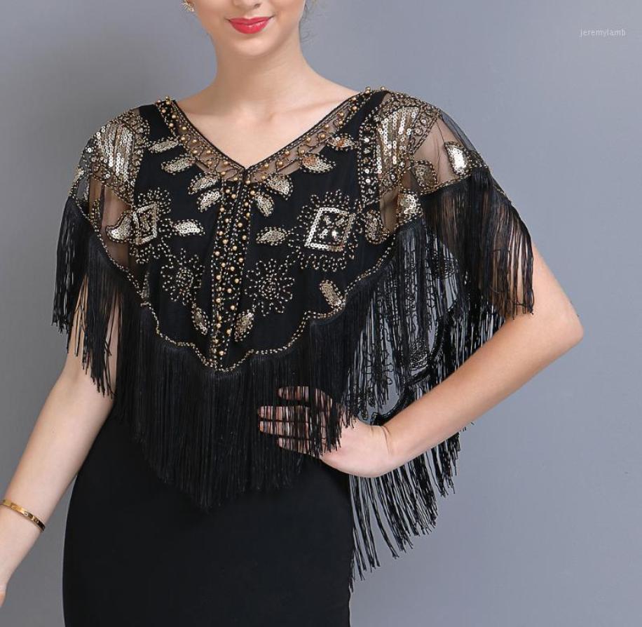 Scarves Women 1920s Sequined Shawl With Tassels Beaded Pearl Fringe Sheer Mesh Wraps Gatsby Flapper Bolero Cape Cover Up16912786
