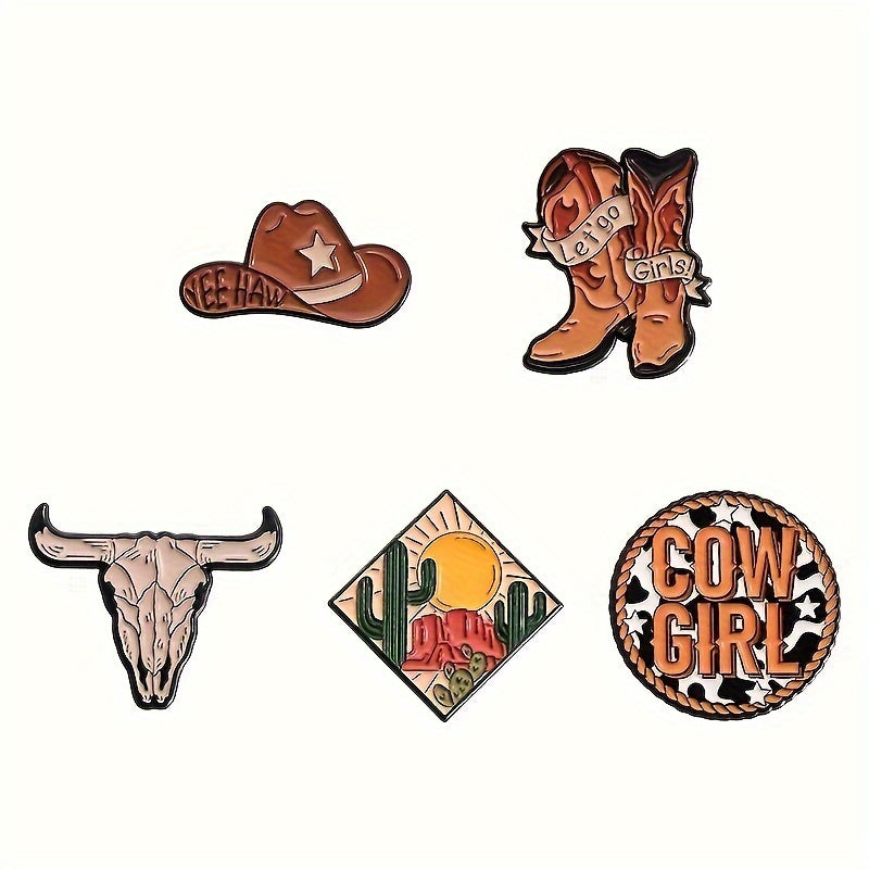 TEMU 5pcs Western Cowboy Hat, Boot Hat, Metal Badge, Enamel Pin, Alloy Drip Oil Brooch, Clothes, Backpack Accessories, Accessories, For Gifts