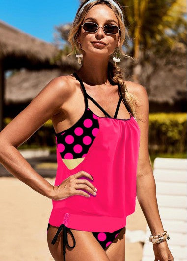 Modlily Polka Dot Hot Pink Tie Tankini Set - XL
