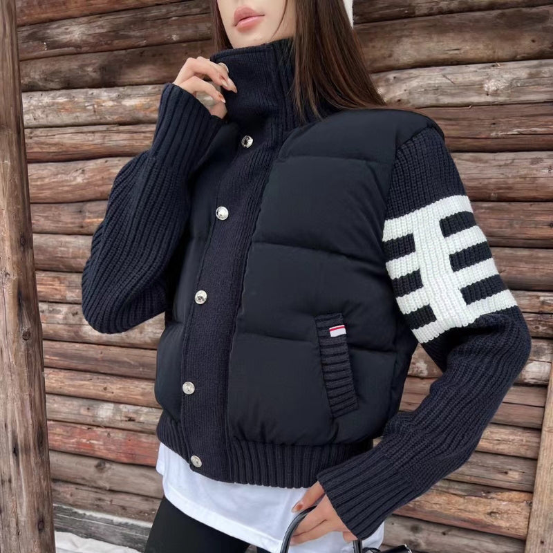 New Fashion Clothing Knitted cotton spliced stand collar jacket.