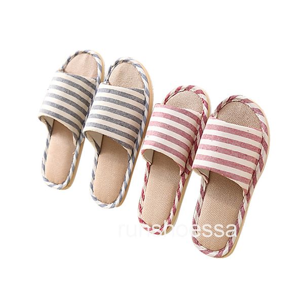Striped Linen Four Season Indoor Slippers Women Cotton Non-slip Soft Bottom Home Wood Floor Sandals Couple Flip Flops Slides