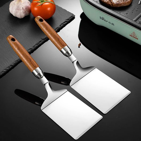 Stainless steel square head steak cooking spatula pizza shovel pancake beef Turner scraper wooden handle barbecue utensil 240820