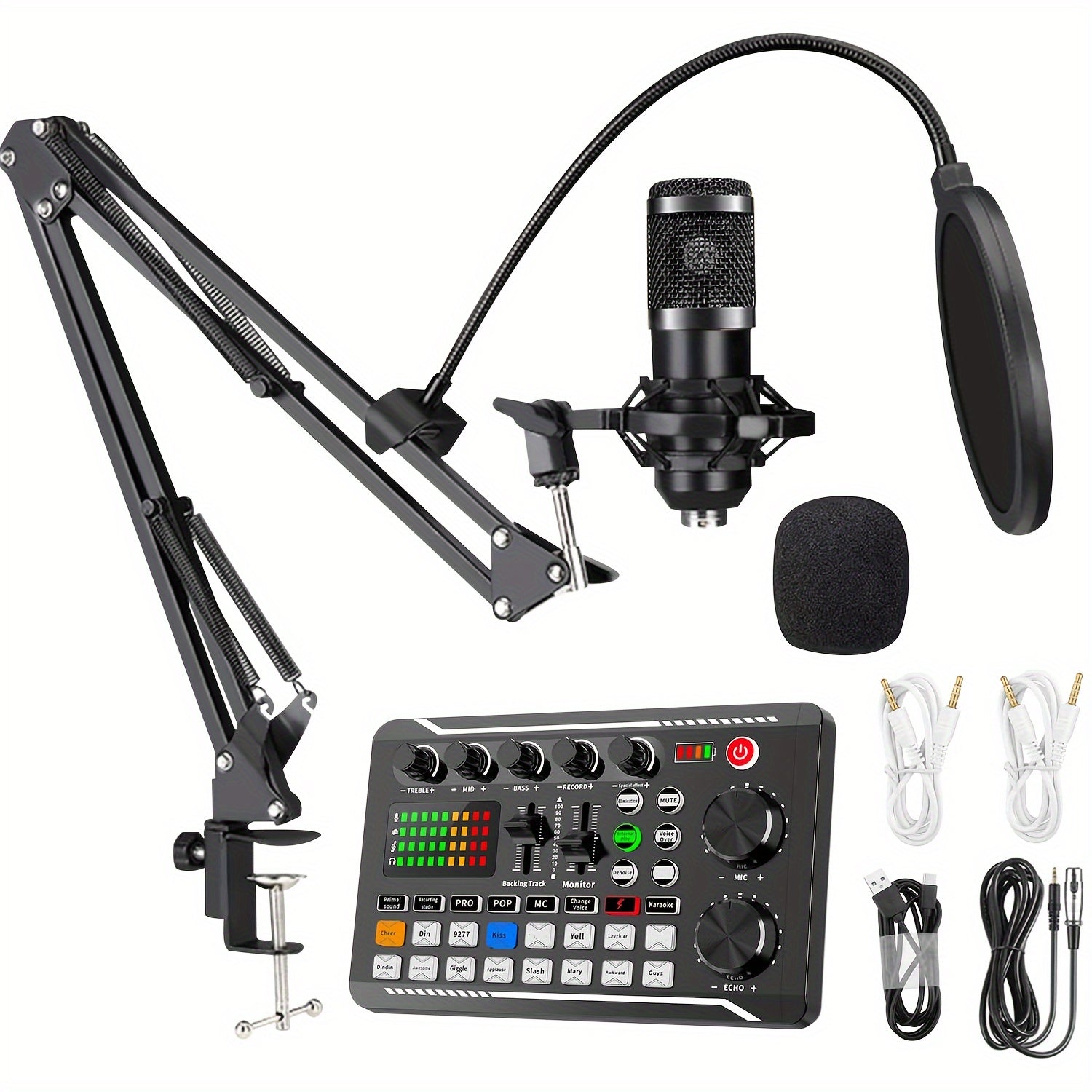 TEMU Podcast Equipment Bundle, Wired Microphone With Audio Interface, F998 Voice Changer, Condenser Karaoke Microphone, Mic Stand And Mic Pop Filter,
