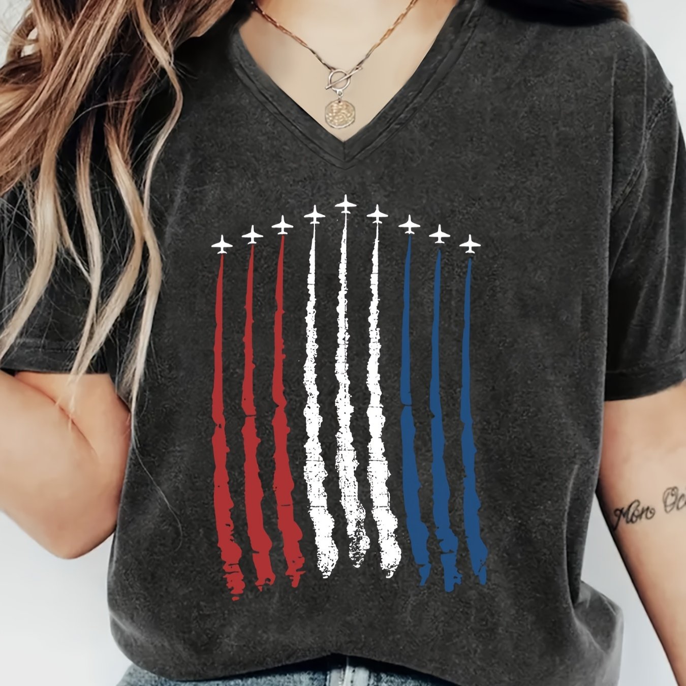 TEMU Printed V-neck T-shirt, Spring And Summer Casual Short-sleeved Tops, Women's Clothing