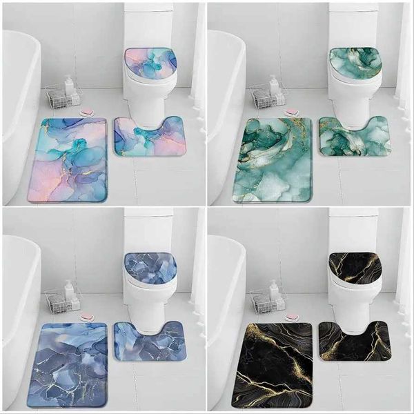 Abstract Marble Bath Mat Set Blue Pink Black Texture Gold Thread Geometry Modern Home Carpet Bathroom Decoration Carpet Toilet Lid M240829