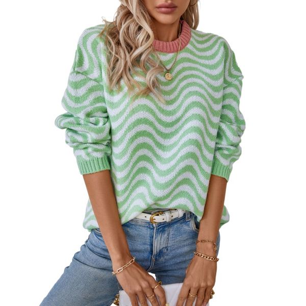 Wavy streak Jacquard women&#039;s sweater pullover knitwear casual loose Autumn Winter fashion long sleeve cute sweet knitting top for girls