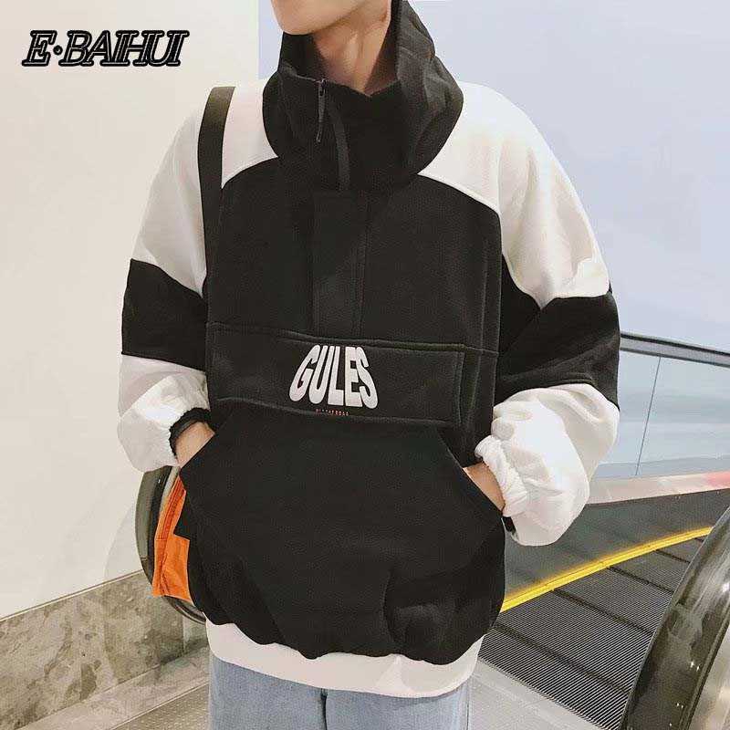 mens hoodies ebaihui autumn couple zipper sweatshirt loose plus velvet black and white stitching harajuku high collar long sleeve sweatshirts 04422
