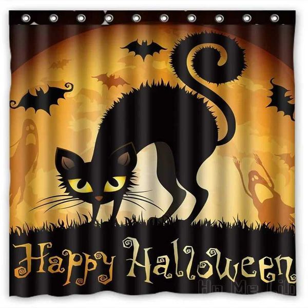 Happy Halloween Black Cat Bat All Saints Day Ghost Month Waterproof Polyester Fabric Bath by Ho Me Lili Shower CurtainsX240820