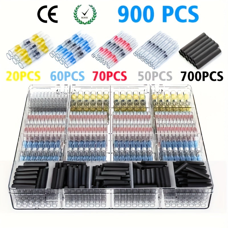 TEMU 900pcs Durable Waterproof Electrical Terminals Kit - Thermal Butt Splices, Solder Seal Wire Connectors & Tube Sleeves For Boats, Vehicles &