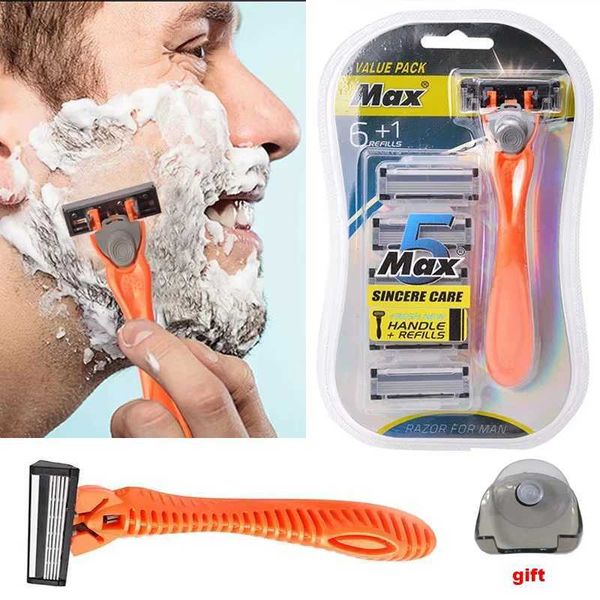 Handle+6 blades-Mens manual safety shaver 5-layer stainless steel hair removal shaver replace shaver headW241211