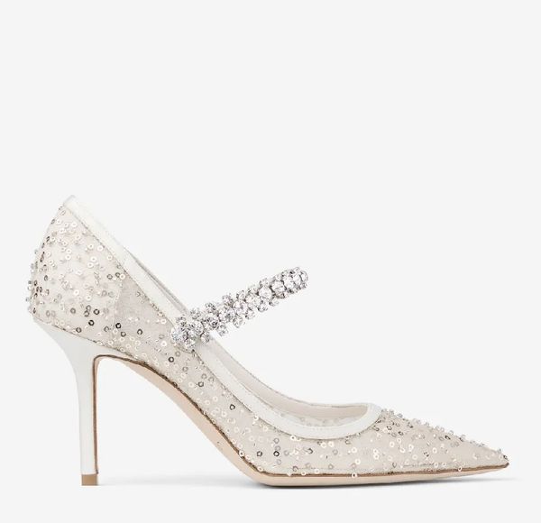 New Party Wedding Bridal Sandals Shoes -- Bing Pumps Ivory Beaded Mesh Fabric Pump Hand-finished Crystal Strap Pointed Toe High Heels Sandal