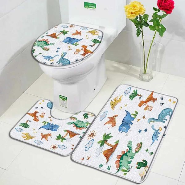 Cartoon Dinosaur Bath Mat Set Fun Animals Tropical Plants Coconut Trees Cactus Childrens Carpet Bathroom Decoration Floor Carpet Toilet Lid