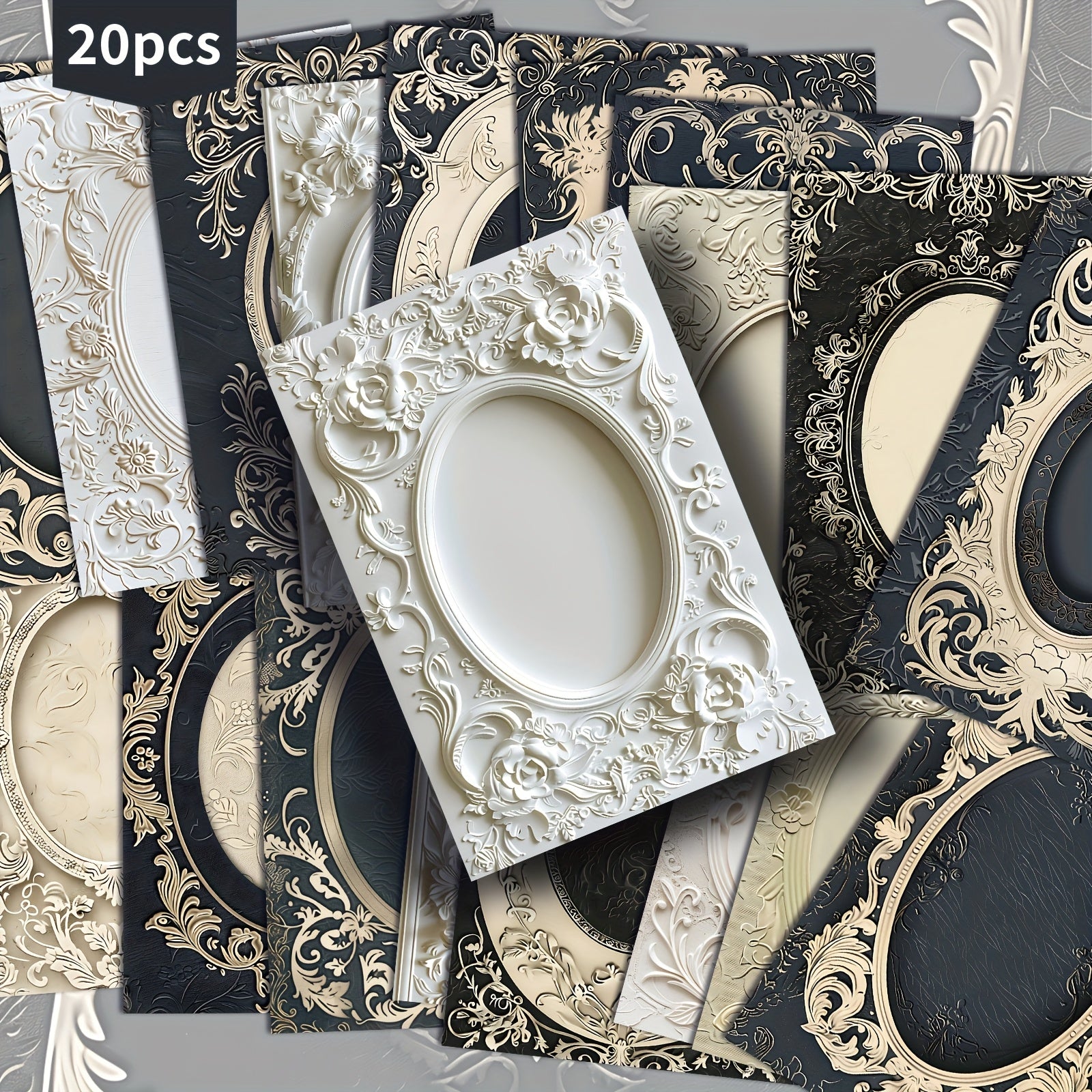 TEMU 20-pack Asstss Vintage Photo Frame Postcards - Elegant Floral & Decorative Border Designs In Black, Beige, Golden, 4x6 Inch Scrapbooking Cards
