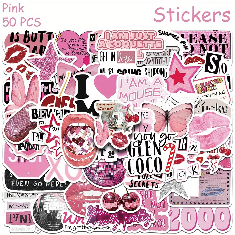 TEMU 50pcs Pink Y2k Style Stickers Decals For Phone Laptop Suitcase Guitar Diy Graffiti Aesthetic Stickers Girls Creative Gifts
