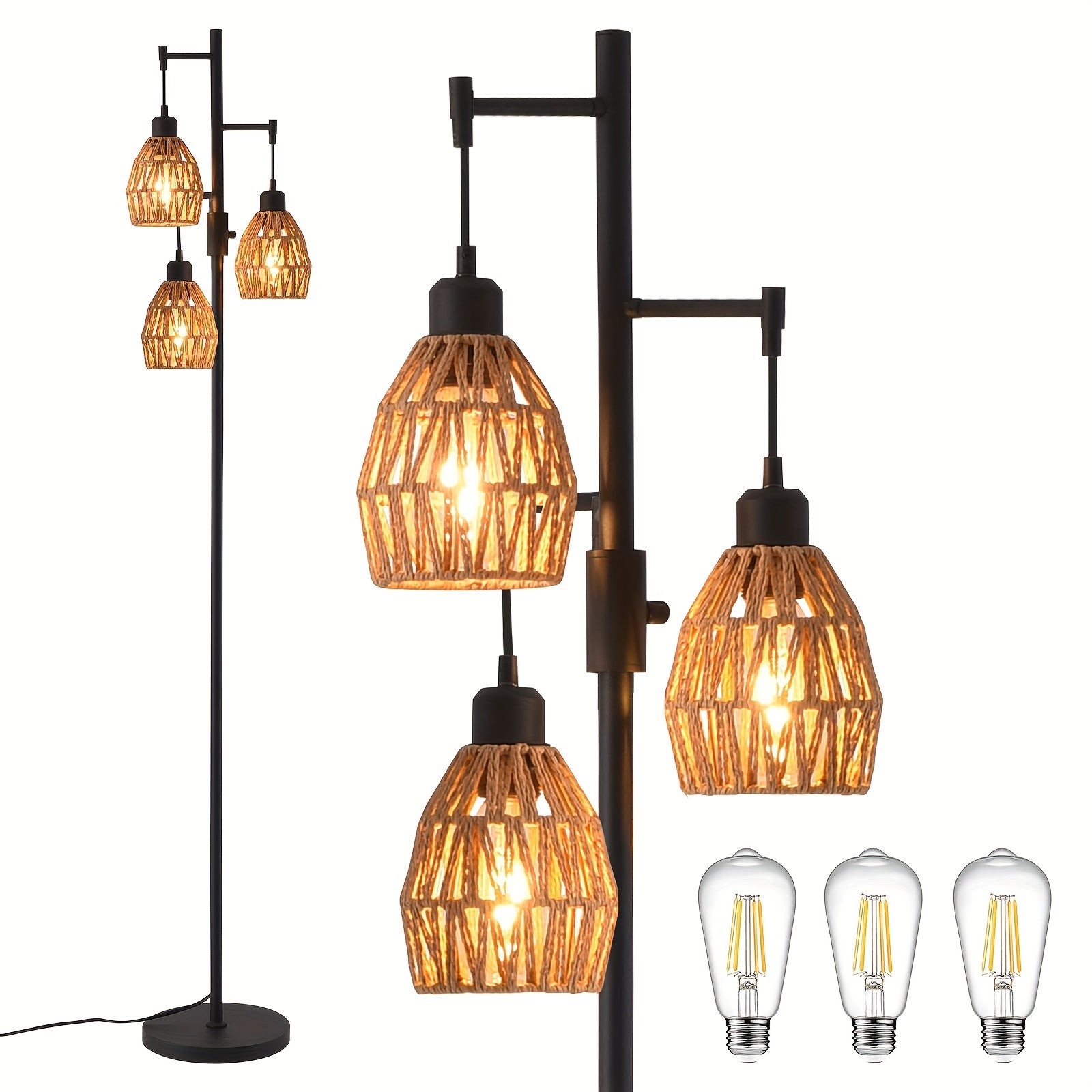 TEMU Boho Rattan Lamp, Dimmable Floor Lamp With 3-bulb Lamp, Modern Lighting For Living Room Bedroom Leisure Area And Rest Room Adjustable Arm