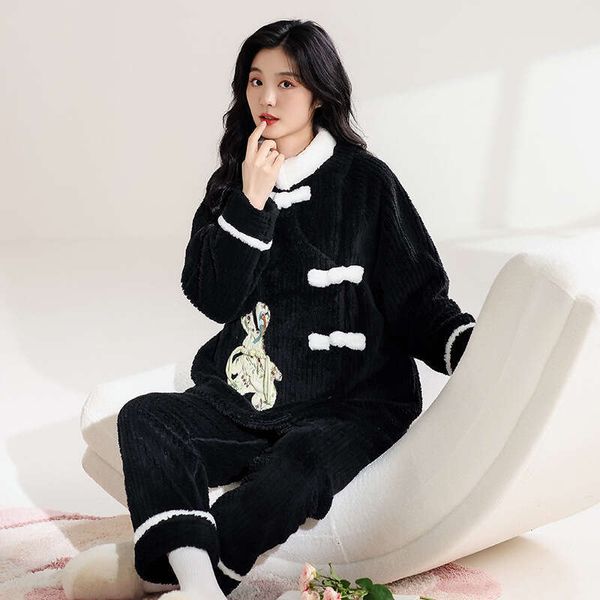 Coral Fleece Sleepwear Women, Autumn And Winter, Thickened With Flannel For Warmth, New Chinese Style Winter Home Clothing