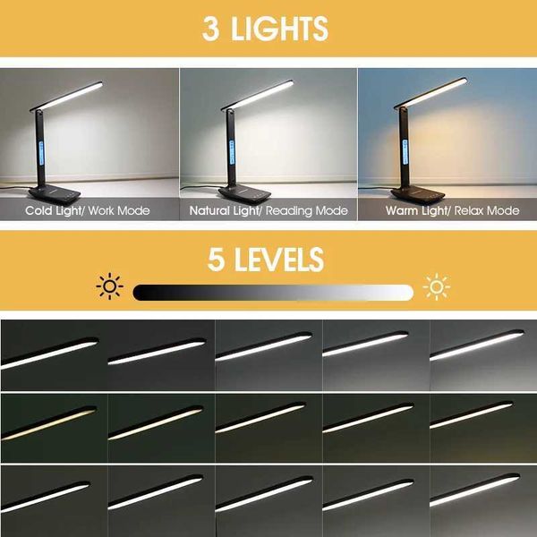 Table Lamps Table lamp LAOPAO 10W QI Wireless Charging LED Desk Lamp With Cndar Temperature Alarm Clock Eye Protect Study Business Light Tab