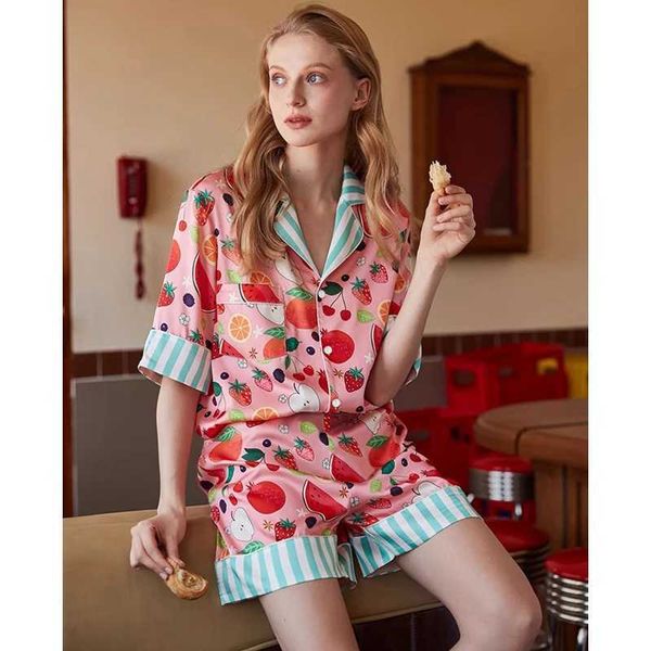 Ins Style Colorful Fruits Print Women Faux Silk Pajamas 2ps Home Set Summer Y2k Cool 2024 New Casual Loungewear Women SleepwearC241213