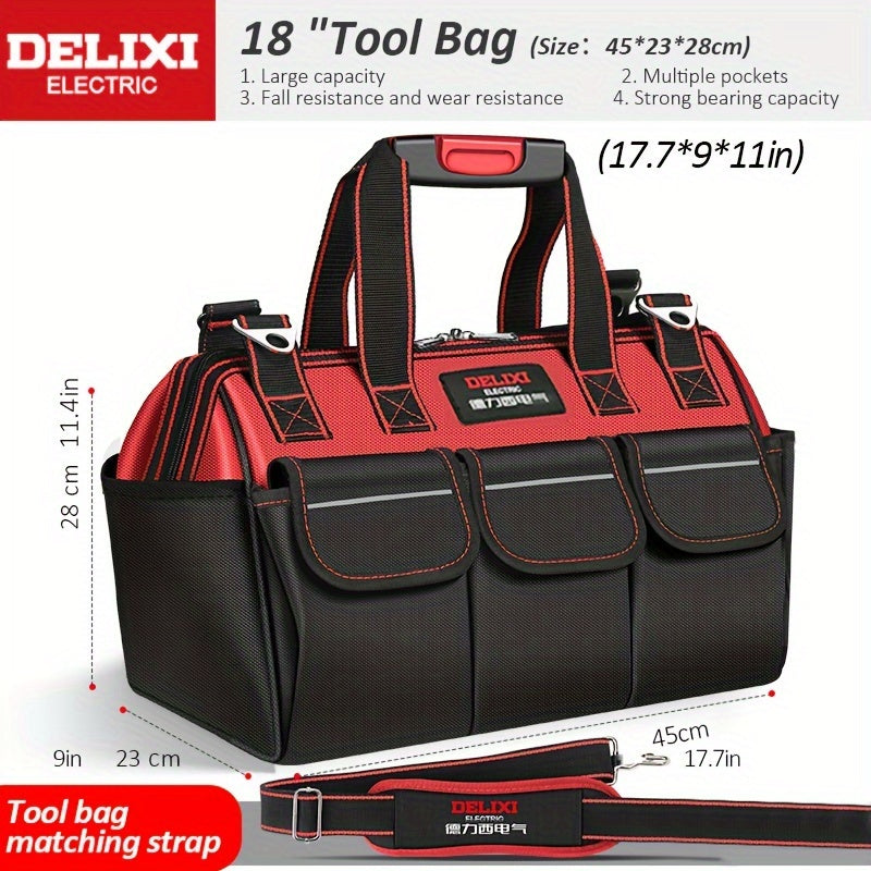 TEMU Electric 18-inch Heavy Duty Waterproof Tool Bag, Red-black Oxford Cloth Organizer With Wide Mouth & Shoulder Strap For Power Tools And Hand