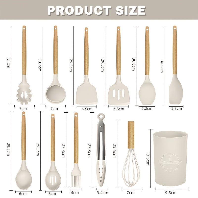 TEMU 12pcs Silicone Kitchen Utensil Set Heat Resistant Cookware With Wooden Handle Chef Cooking Tools And Gadgets, Includes Spoons, Spatula, Whisk,