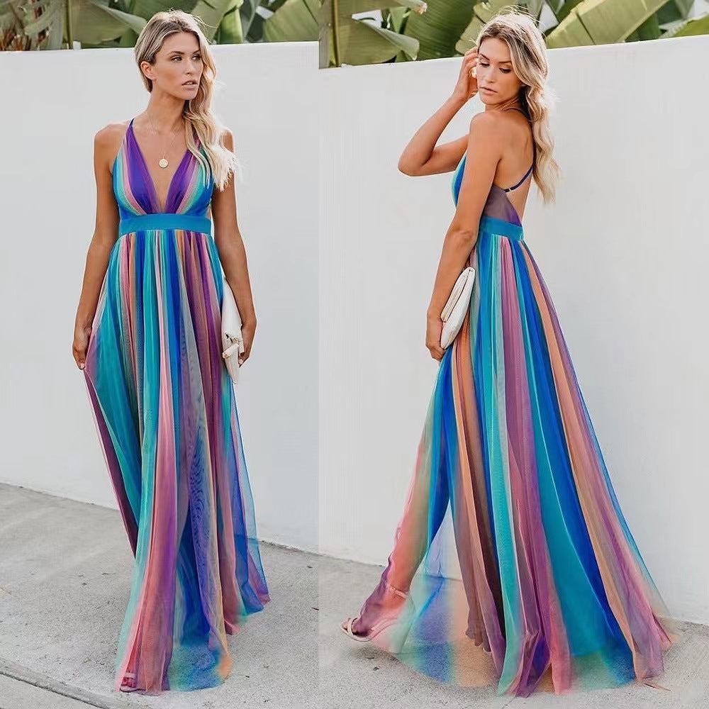 Rainbow Dress Casual V Neck Mesh Midi Dress Women Clothing Long Dress for Women