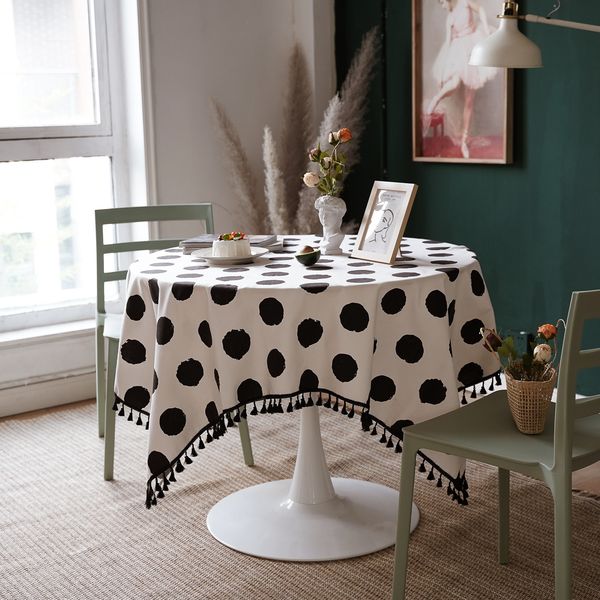 Table Cloth Cotton Linen Black and White Oval Polka Dots Tassel with Rectangular Kitchen Map Towel cloth 230105