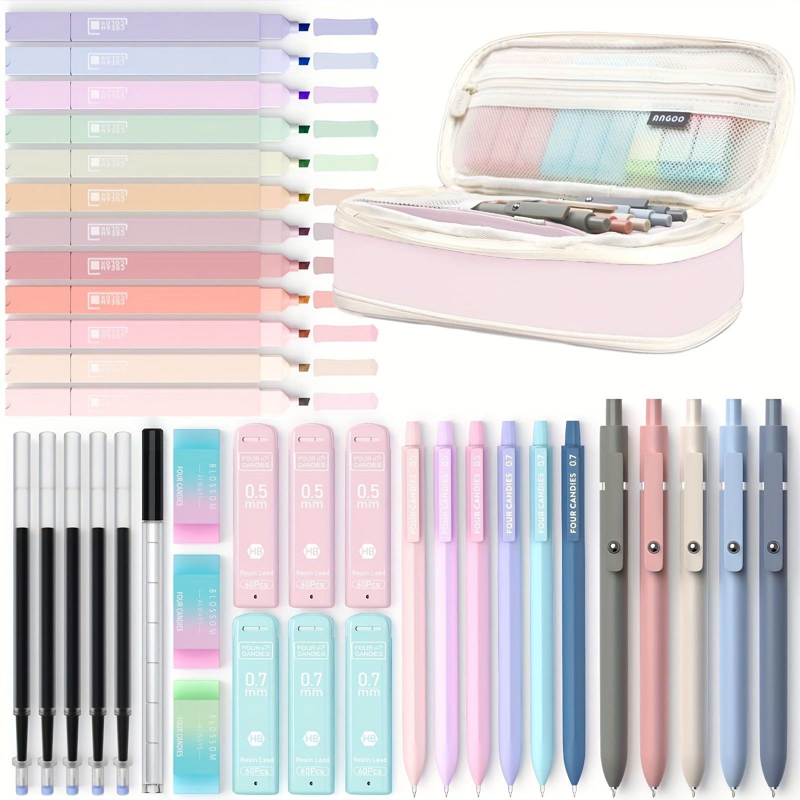 TEMU Halloween Gifts 4 Candies 39pcs Aesthetic School Supplies With Cute Pen Case, 12 Pastel Highlighters, 5 Black Ink Gel Pens, 6 Mechanical Pencils