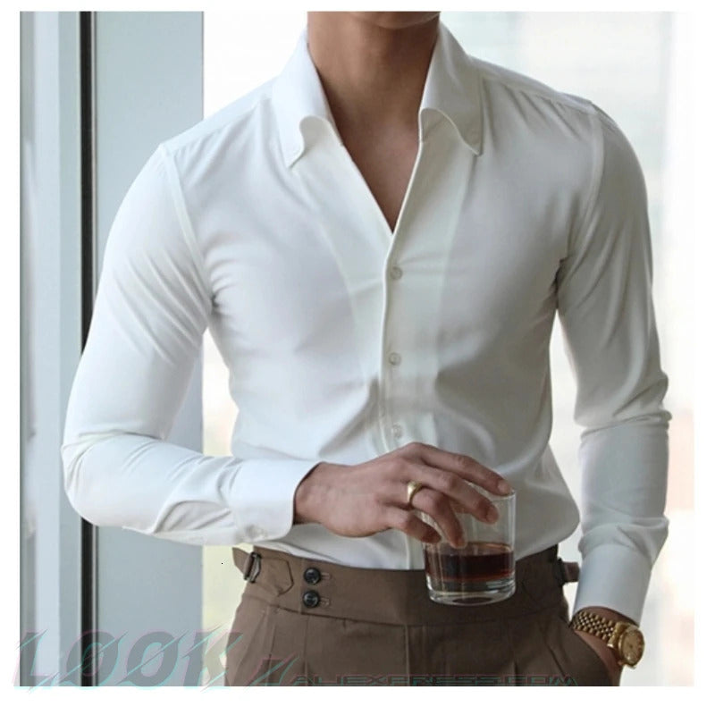 Men&#039;s Italian Collar Shirt, Wrinkle-free, Casual, Fashionable, Slim-fit with A Lapel Design, Branded Clothing, Youth, New