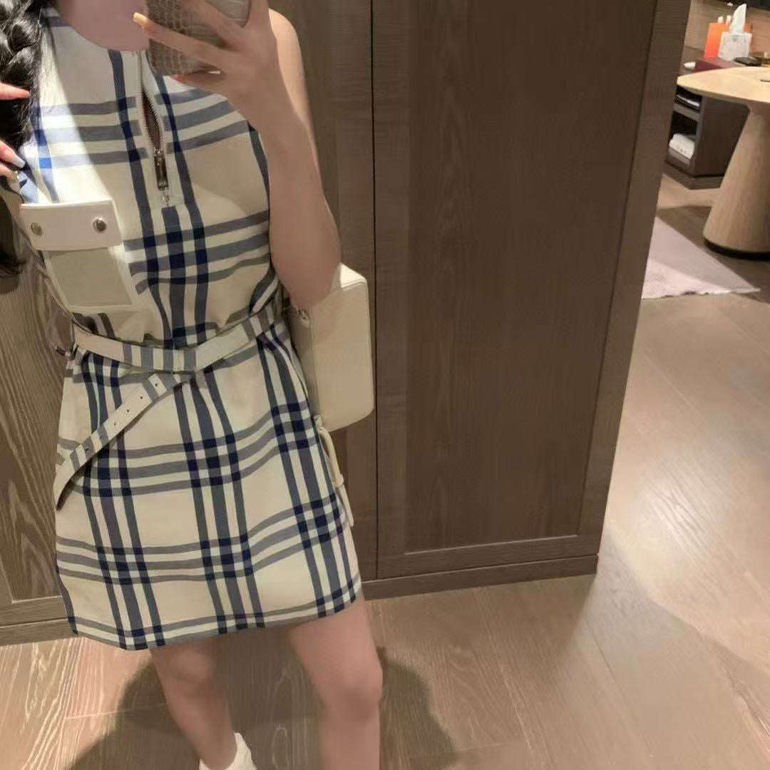 High Quality Designer Classic Plaid Ladies Dress Slim Belt Long Skirt Fashion Pocket Women&#039;s Zippered Scoop Neck Sleeveless Shirt Dress