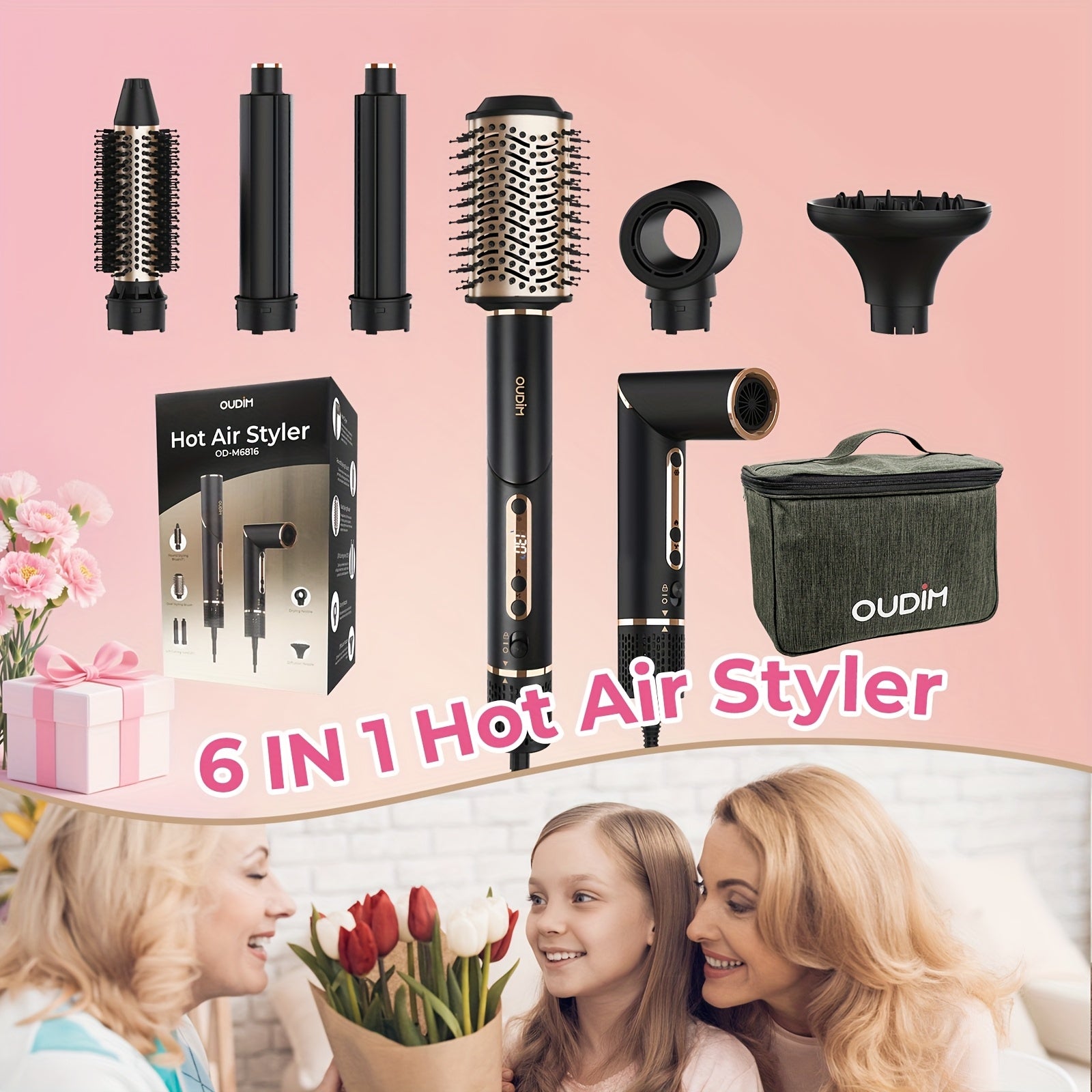 TEMU Oudim 6-in-1 Multi-functional Hot & Styler - Negative , 110, 000 Rpm Hair Dryer Brush, Curling Iron & Straightener With Auto-winding Rod,