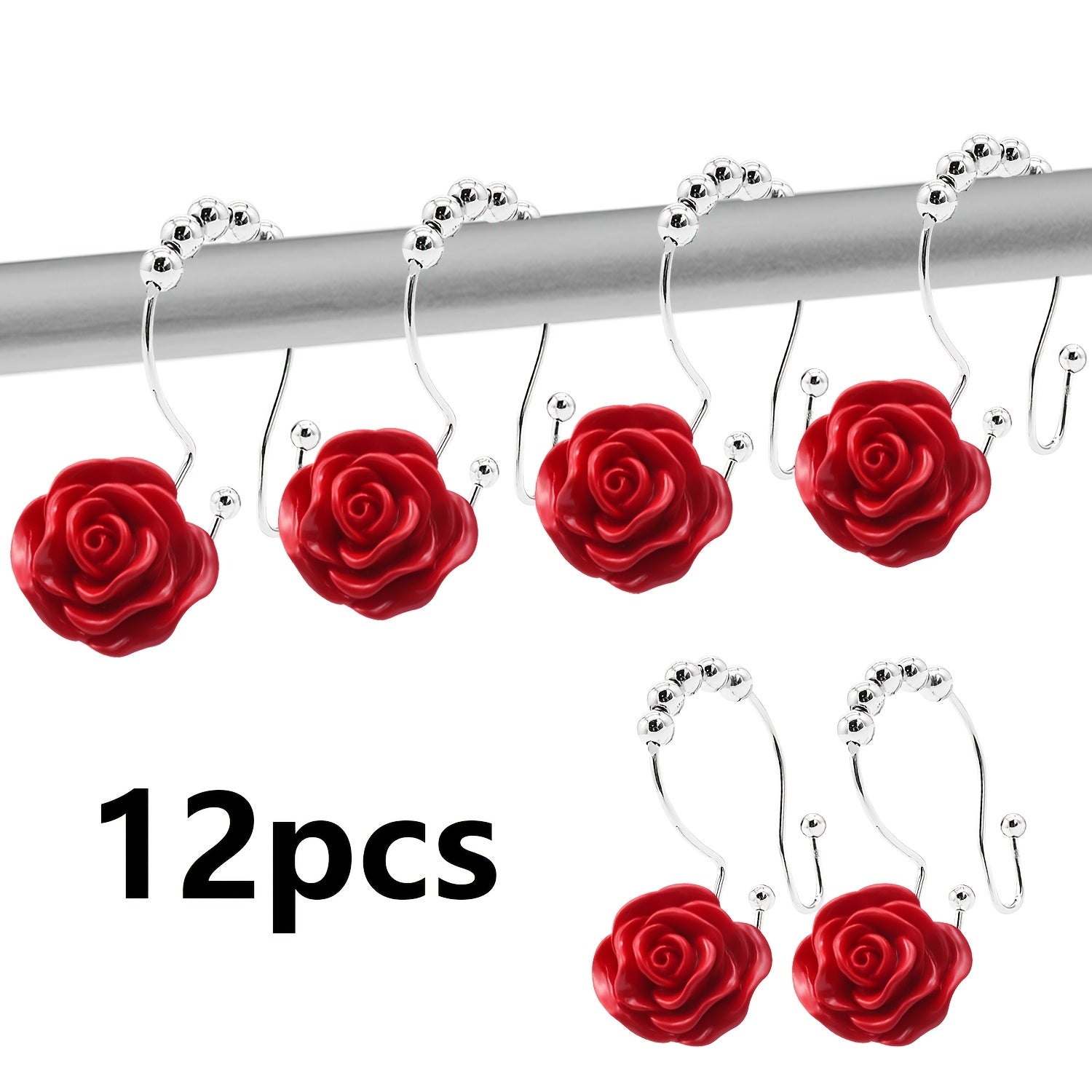 TEMU 12pcs Elegant Rose Decorative Shower Curtain Hooks - Stainless Steel With Acrylic Rhinestones, Design For Dual Curtains, For Bathroom, Bedroom &