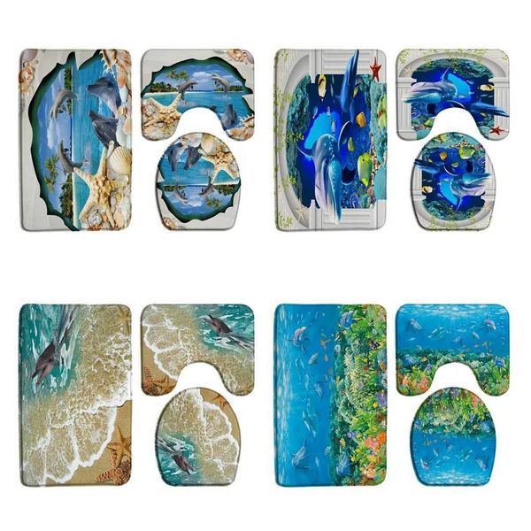 Dolphin Beach Shell Bath Mat Set Bathroom Carpet Starfish Blue Ocean Toilet Cover Flannel Floor Anti slip Carpet M240829