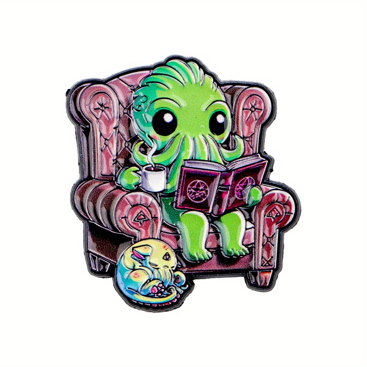 TEMU 1pc Cute Octopus Enamel Pin - In Armchair With Book & Cup, Green & Pink Pastel Colors - Backpack, Jacket, Bag Brooch - Cute Office Or Home Decor